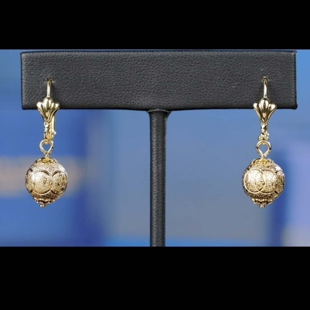14K Yellow Gold Spheres Earrings Dangle Womens Gift Anniversary Wedding Date - Picture 4 of 4